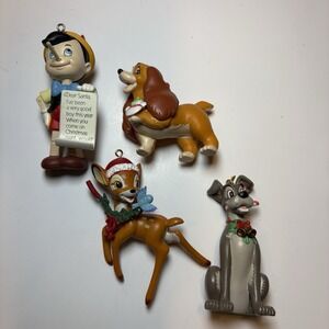 Vintage Grolier Disney Ornaments Lot-4 Lady & The Tramp Pinocchio Bambi 1987-92